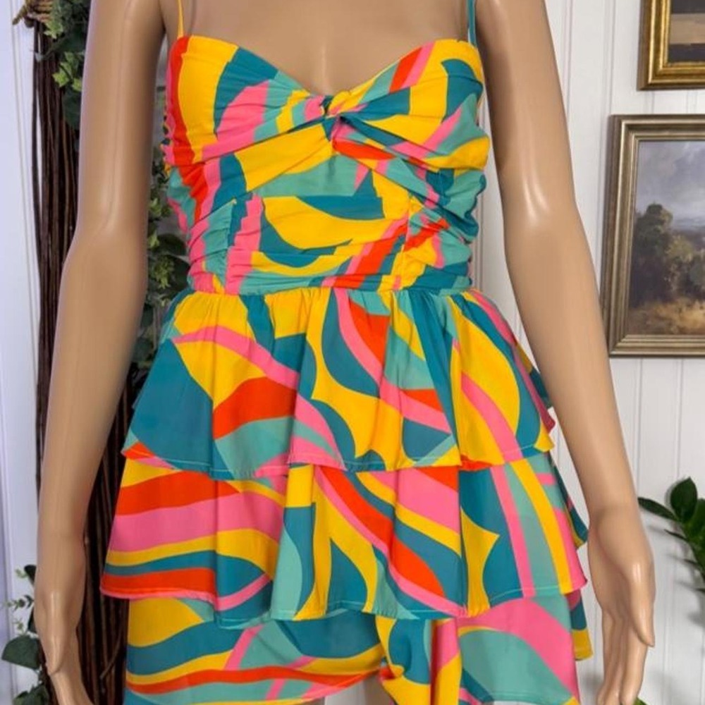 Colorful Abstract Print Tiered Ruffle‎ Romper Small Tropical Vacation